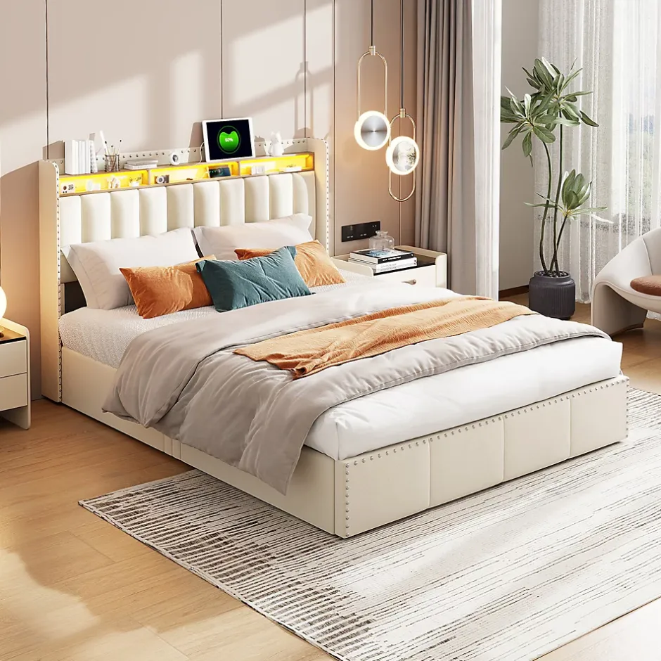 Simple Life Lit Coffre 140x200cm,avec Éclairage LED Et Port USB, Avec Tête De Lit Coffre,structure Stable, Beige Best