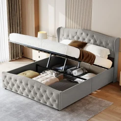 ProximaX lit coffre 160x200,lit capitonné avec sommier à lattes,tête de lit ondulée,design rivet,velours,gris
