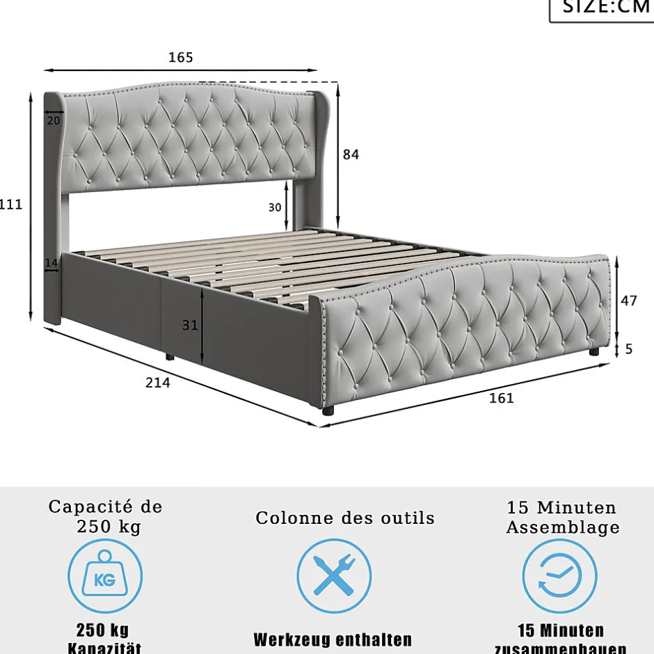 ProximaX lit coffre 160x200,lit capitonné avec sommier à lattes,tête de lit ondulée,design rivet,velours,gris