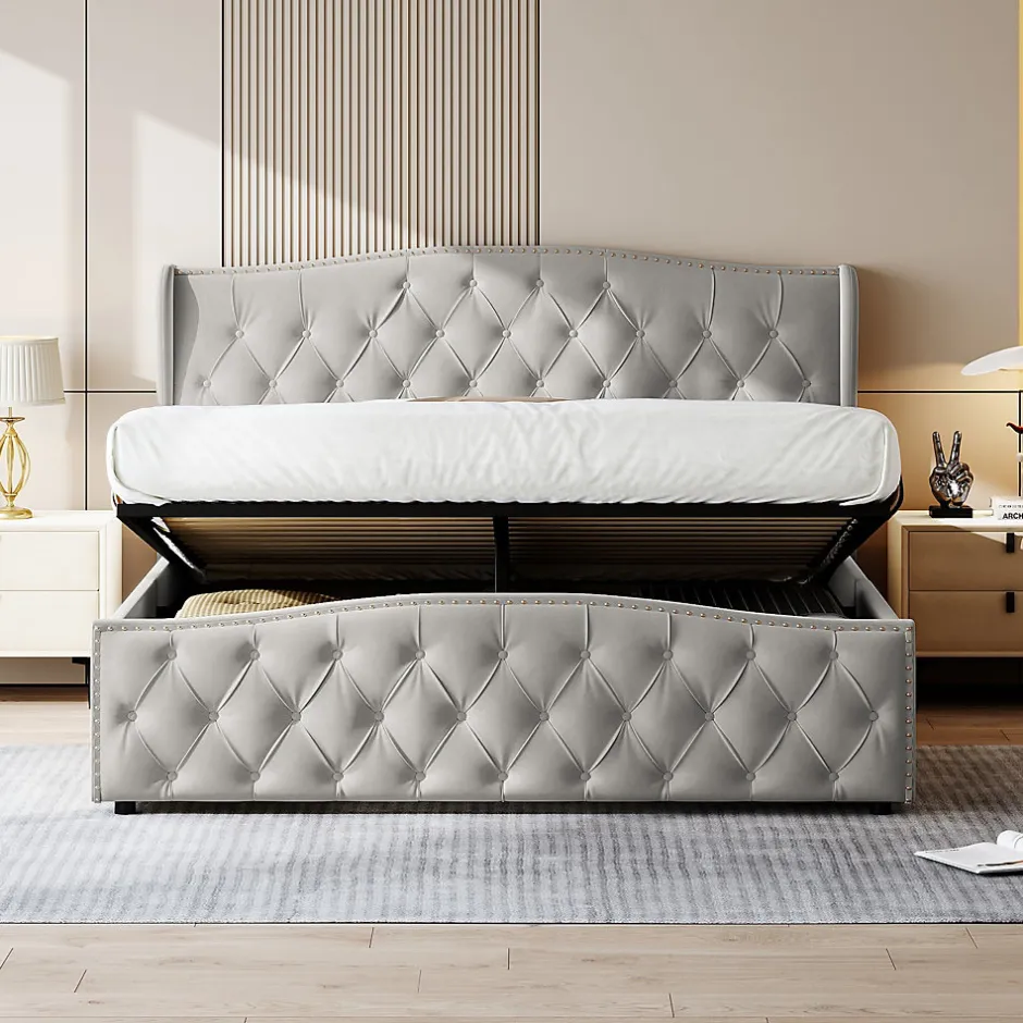 ProximaX lit coffre 160x200,lit capitonné avec sommier à lattes,tête de lit ondulée,design rivet,velours,gris