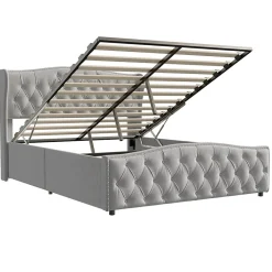 ProximaX lit coffre 160x200,lit capitonné avec sommier à lattes,tête de lit ondulée,design rivet,velours,gris