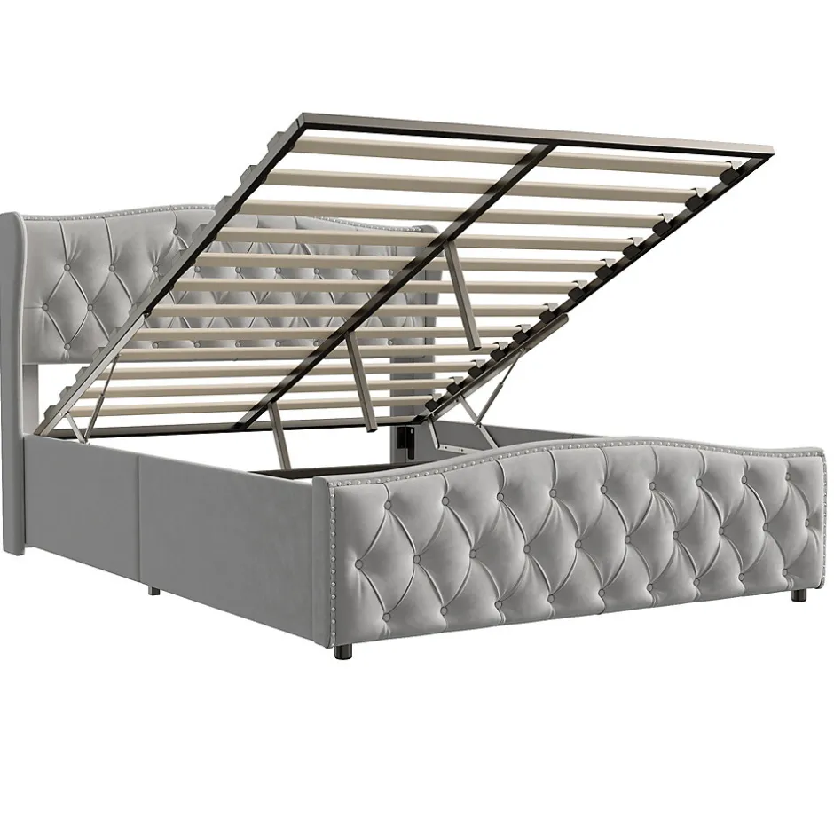 ProximaX lit coffre 160x200,lit capitonné avec sommier à lattes,tête de lit ondulée,design rivet,velours,gris