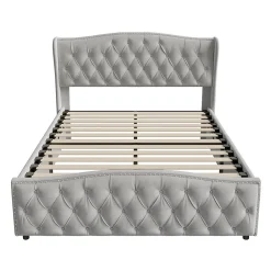 ProximaX lit coffre 160x200,lit capitonné avec sommier à lattes,tête de lit ondulée,design rivet,velours,gris