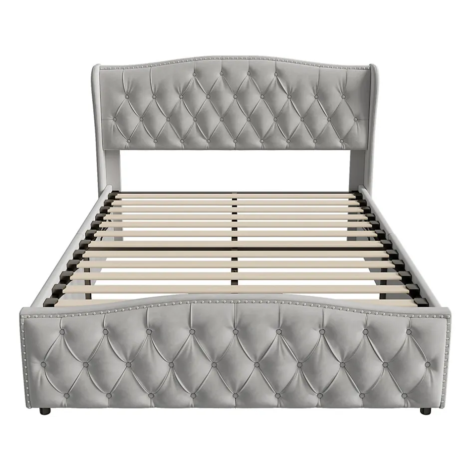 ProximaX lit coffre 160x200,lit capitonné avec sommier à lattes,tête de lit ondulée,design rivet,velours,gris