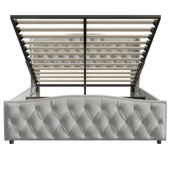 ProximaX lit coffre 160x200,lit capitonné avec sommier à lattes,tête de lit ondulée,design rivet,velours,gris