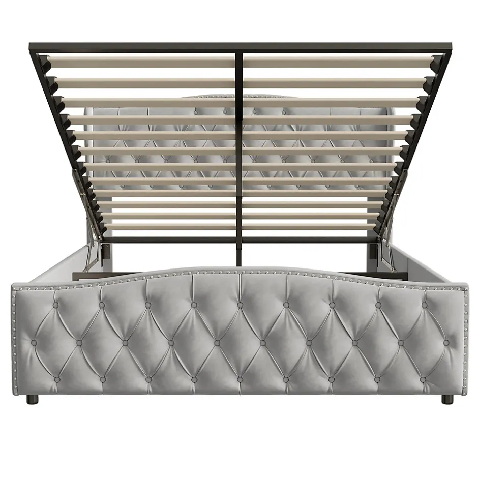 ProximaX lit coffre 160x200,lit capitonné avec sommier à lattes,tête de lit ondulée,design rivet,velours,gris