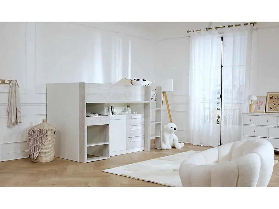 Enfant Vente-unique Lit combiné 90 x 200 cm - Avec bureau et rangements - Blanc et naturel + Matelas - LOUKALA