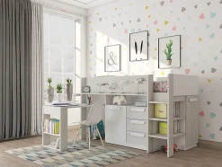 Enfant Vente-unique Lit combiné 90 x 200 cm - Avec bureau et rangements - Blanc et naturel + Matelas - LOUKALA