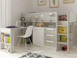 Enfant Vente-unique Lit combiné 90 x 200 cm - Avec bureau et rangements - Blanc et naturel + Matelas - LOUKALA