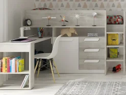 Enfant Vente-unique Lit combiné 90 x 200 cm - Avec bureau et rangements - Blanc et naturel + Matelas - LOUKALA