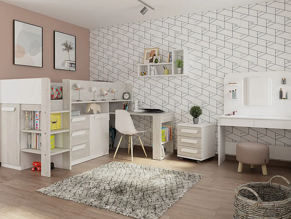 Enfant Vente-unique Lit combiné 90 x 200 cm - Avec bureau et rangements - Blanc et naturel + Matelas - LOUKALA