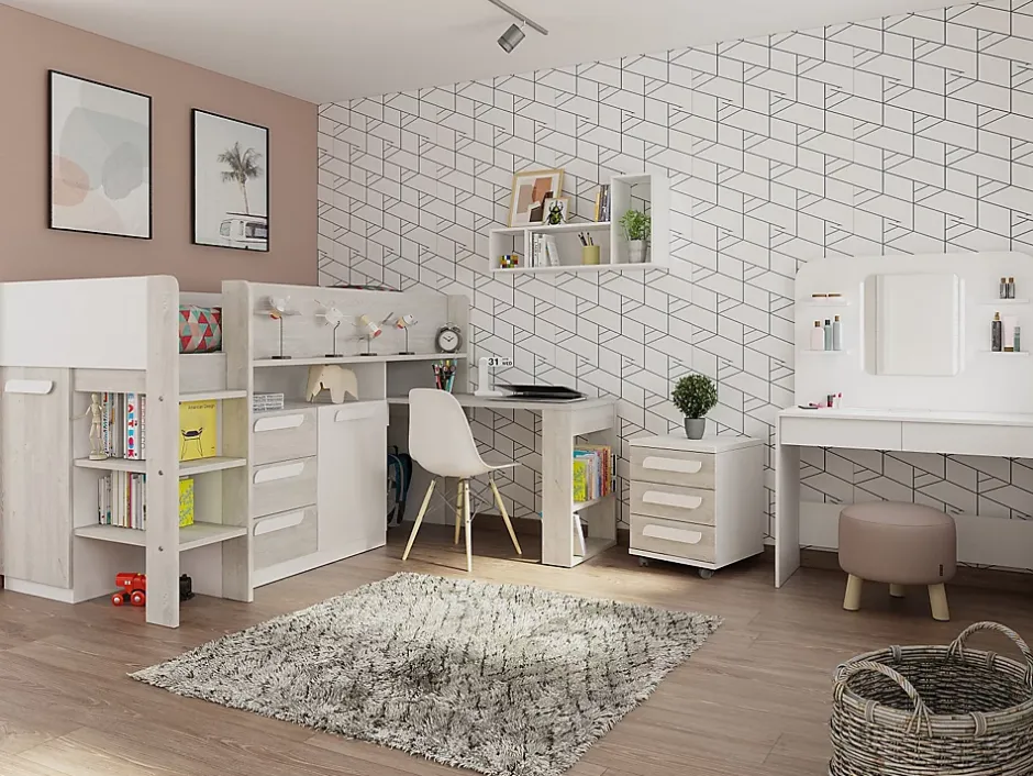 Vente-unique Lit combiné 90 x 200 cm - Avec bureau et rangements - Blanc et naturel - LOUKALA Best