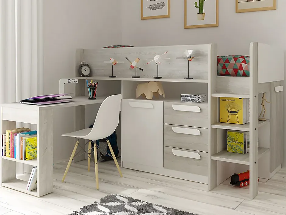 Vente-unique Lit combiné 90 x 200 cm - Avec bureau et rangements - Blanc et naturel - LOUKALA Best