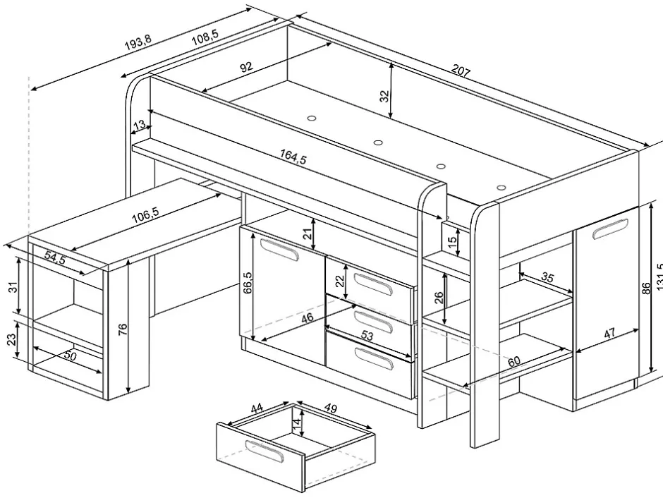 Vente-unique Lit combiné 90 x 200 cm - Avec bureau et rangements - Blanc et naturel - LOUKALA Best