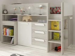 Vente-unique Lit combiné 90 x 200 cm - Avec bureau et rangements - Blanc et naturel - LOUKALA Best