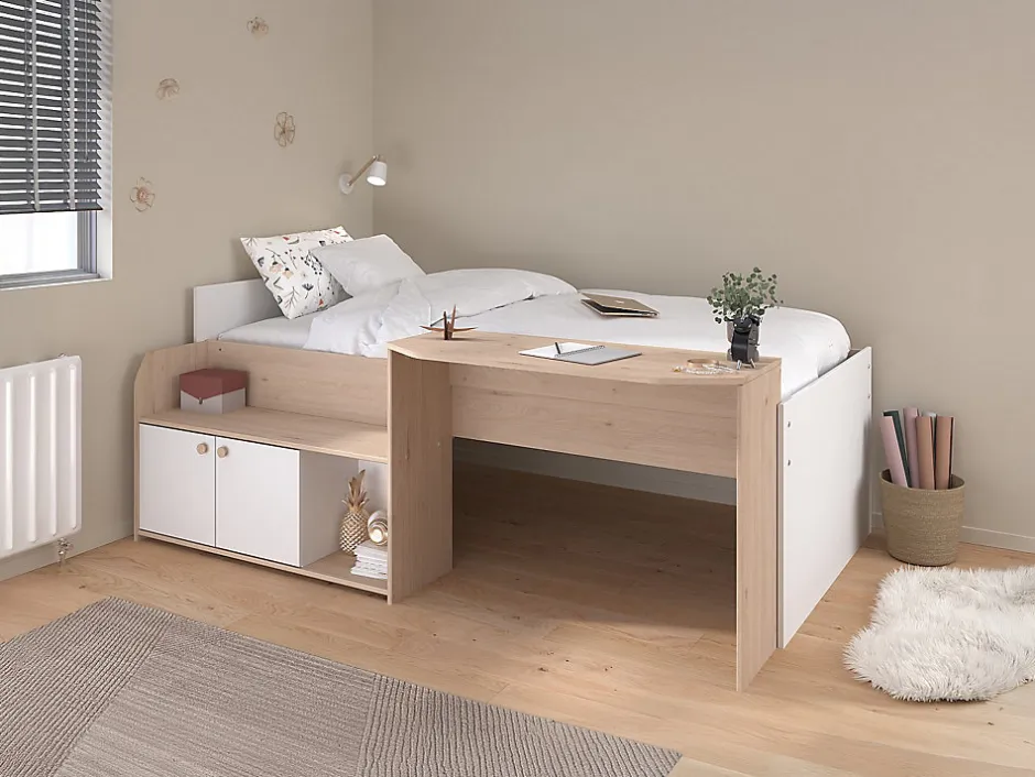 Enfant Vente-unique Lit combiné 90 x 190/200 cm - Coloris : Naturel et blanc + Sommier - MIVONA