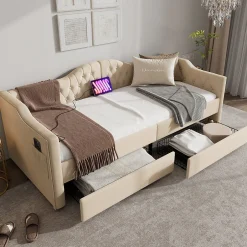 Enfant Okwish Lit combiné 90 x 200 cm - Lit avec 2 tiroirs et ports USB - Velours Beige - Sans Matelas