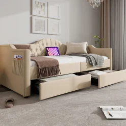 Enfant Okwish Lit combiné 90 x 200 cm - Lit avec 2 tiroirs et ports USB - Velours Beige - Sans Matelas