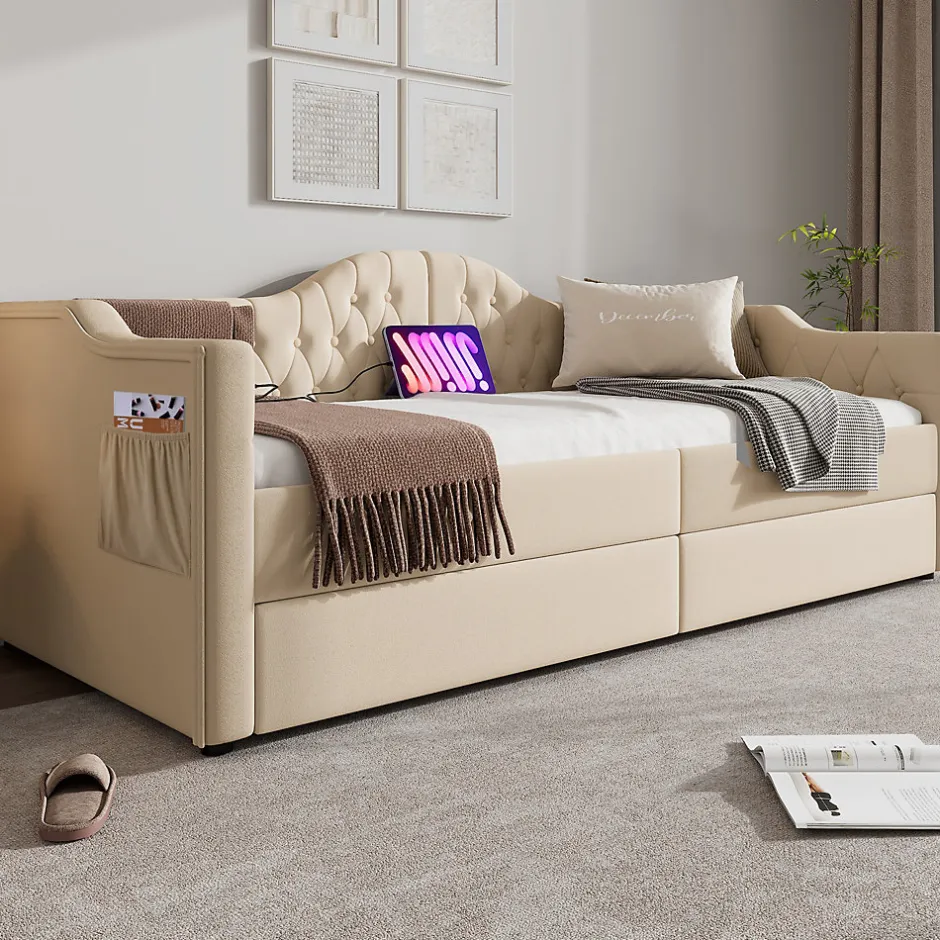 Enfant Okwish Lit combiné 90 x 200 cm - Lit avec 2 tiroirs et ports USB - Velours Beige - Sans Matelas