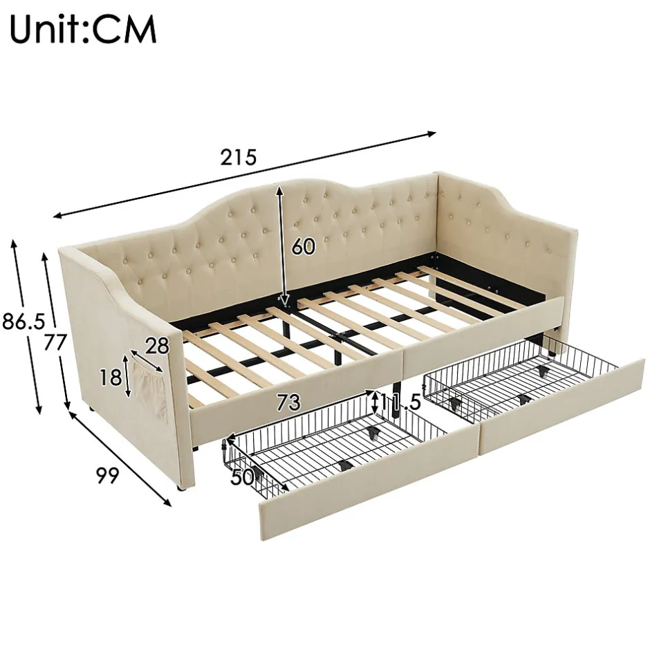 Enfant Okwish Lit combiné 90 x 200 cm - Lit avec 2 tiroirs et ports USB - Velours Beige - Sans Matelas