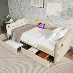 Enfant Okwish Lit combiné 90 x 200 cm - Lit avec 2 tiroirs et ports USB - Velours Beige - Sans Matelas