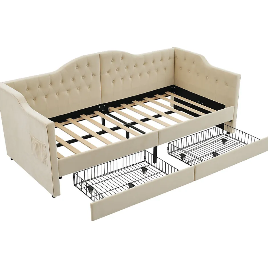 Enfant Okwish Lit combiné 90 x 200 cm - Lit avec 2 tiroirs et ports USB - Velours Beige - Sans Matelas