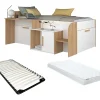 Vente-unique Lit combiné 90 x 200 cm avec bureau et rangements - Coloris : Blanc et naturel + Sommier + Matelas - PEDRO Discount