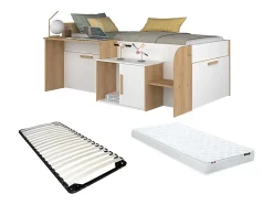 Vente-unique Lit combiné 90 x 200 cm avec bureau et rangements - Coloris : Blanc et naturel + Sommier + Matelas - PEDRO Discount