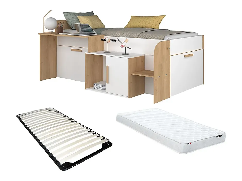 Vente-unique Lit combiné 90 x 200 cm avec bureau et rangements - Coloris : Blanc et naturel + Sommier + Matelas - PEDRO Discount