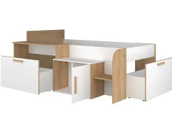 Vente-unique Lit combiné 90 x 200 cm avec bureau et rangements - Coloris : Blanc et naturel + Sommier + Matelas - PEDRO Discount