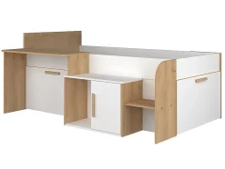 Vente-unique Lit combiné 90 x 200 cm avec bureau et rangements - Coloris : Blanc et naturel + Sommier + Matelas - PEDRO Discount