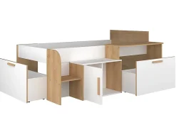 Vente-unique Lit combiné 90 x 200 cm avec bureau et rangements - Coloris : Blanc et naturel + Sommier + Matelas - PEDRO Discount