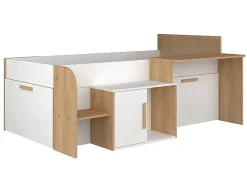 Vente-unique Lit combiné 90 x 200 cm avec bureau et rangements - Coloris : Blanc et naturel + Sommier + Matelas - PEDRO Discount