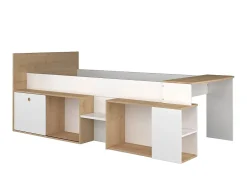 Vente-unique Lit combiné 90 x 200 cm avec bureau et rangements - Blanc et naturel + Sommier + Matelas - PALOMA Discount