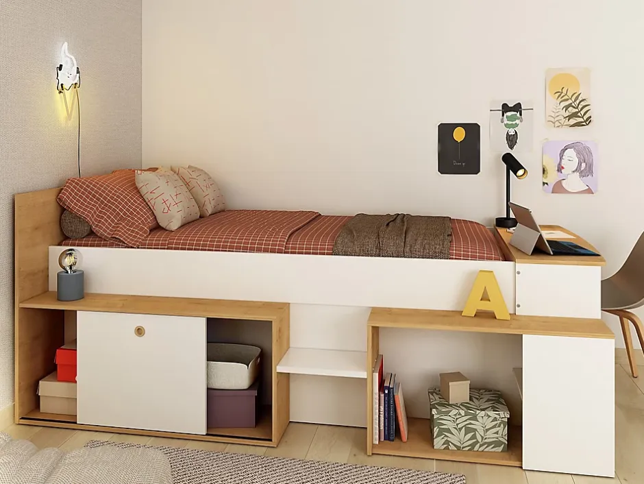 Vente-unique Lit combiné 90 x 200 cm avec bureau et rangements - Blanc et naturel + Sommier + Matelas - PALOMA Discount