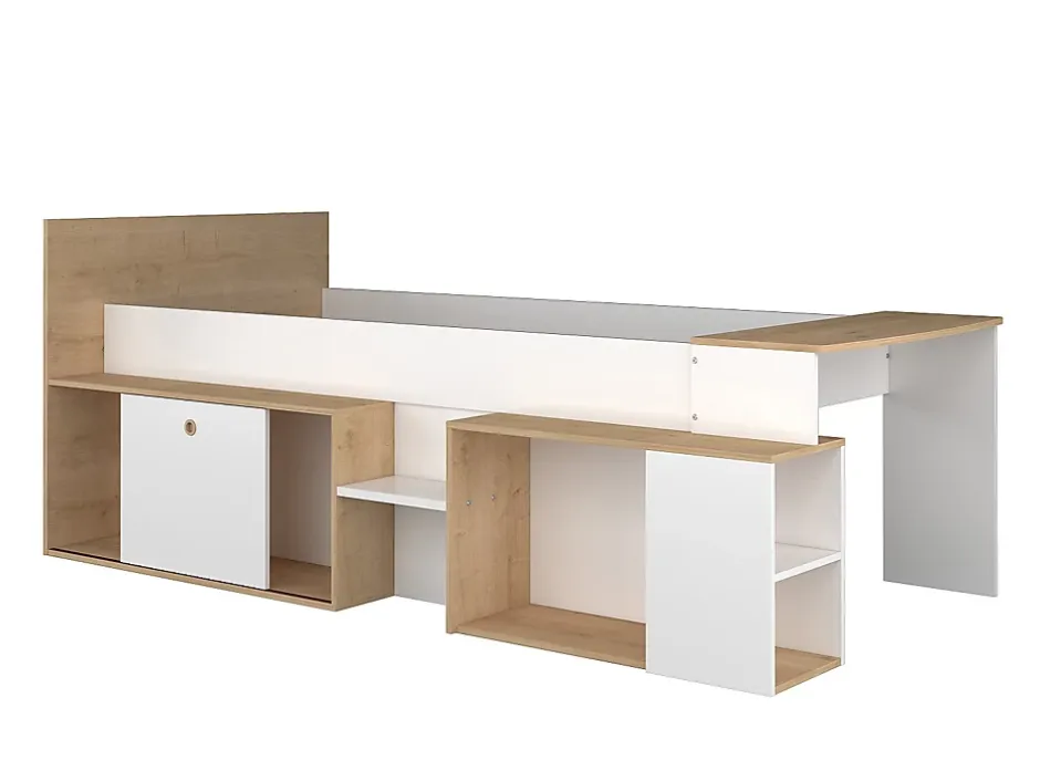 Vente-unique Lit combiné 90 x 200 cm avec bureau et rangements - Blanc et naturel + Sommier + Matelas - PALOMA Discount