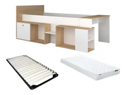 Vente-unique Lit combiné 90 x 200 cm avec bureau et rangements - Blanc et naturel + Sommier + Matelas - PALOMA Discount