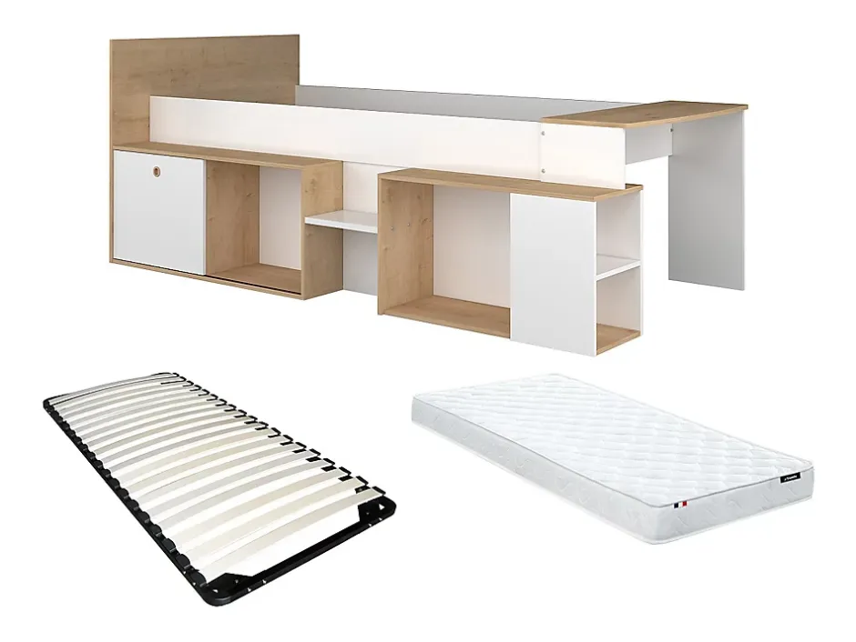 Vente-unique Lit combiné 90 x 200 cm avec bureau et rangements - Blanc et naturel + Sommier + Matelas - PALOMA Discount