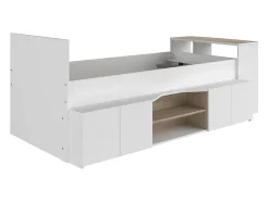 Vente-unique Lit combiné 90 x 190/200 cm avec bureau et rangements - Blanc et naturel + Sommier + Matelas - JOCHIANE