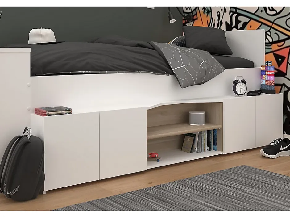 Vente-unique Lit combiné 90 x 190/200 cm avec bureau et rangements - Blanc et naturel + Sommier + Matelas - JOCHIANE
