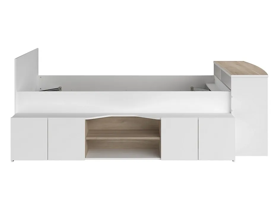 Vente-unique Lit combiné 90 x 190/200 cm avec bureau et rangements - Blanc et naturel + Sommier + Matelas - JOCHIANE