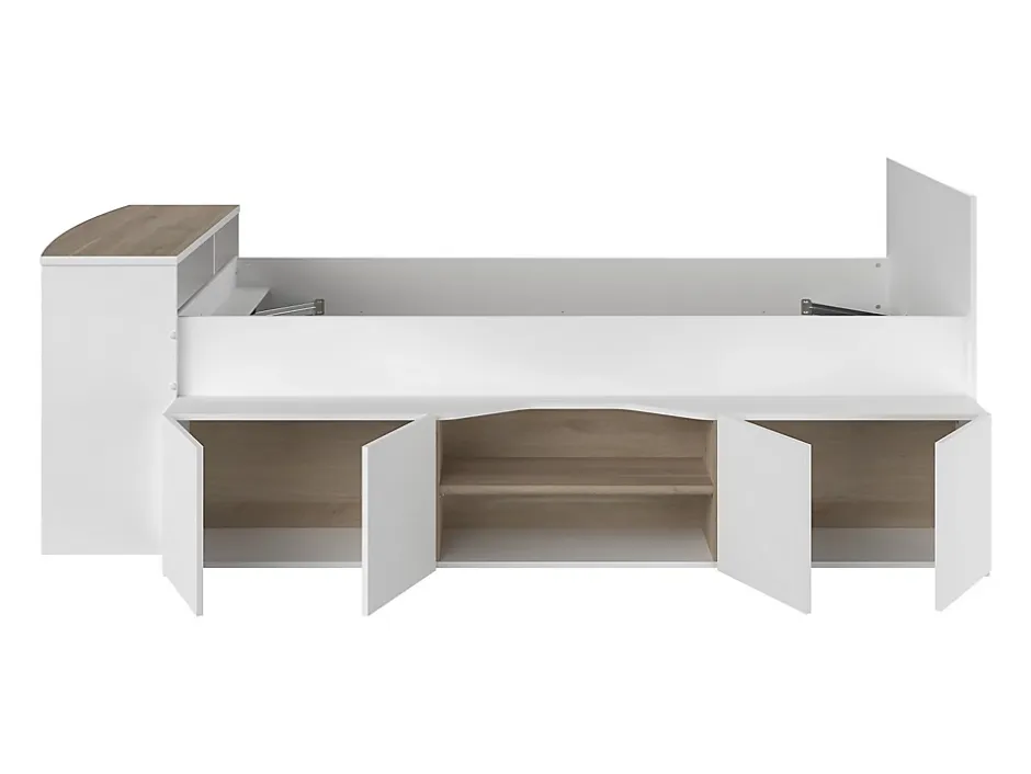 Vente-unique Lit combiné 90 x 190/200 cm avec bureau et rangements - Blanc et naturel + Sommier + Matelas - JOCHIANE