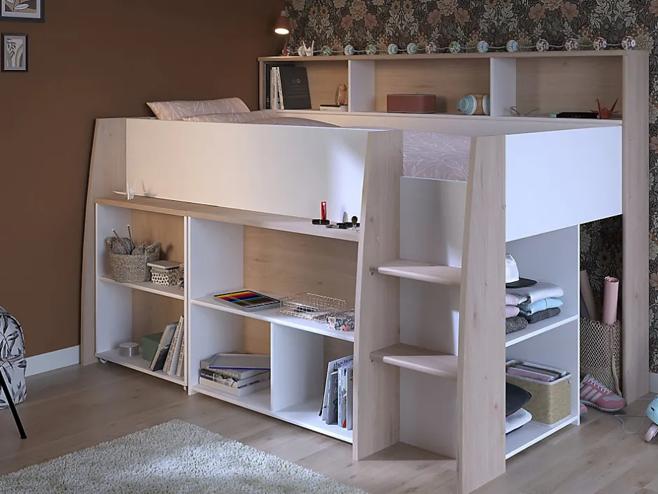 Vente-unique Lit combiné 90 x 200 cm avec bureau et rangements - Blanc et naturel - APOLINO Online