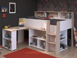 Vente-unique Lit combiné 90 x 200 cm avec bureau et rangements - Blanc et naturel - APOLINO Online