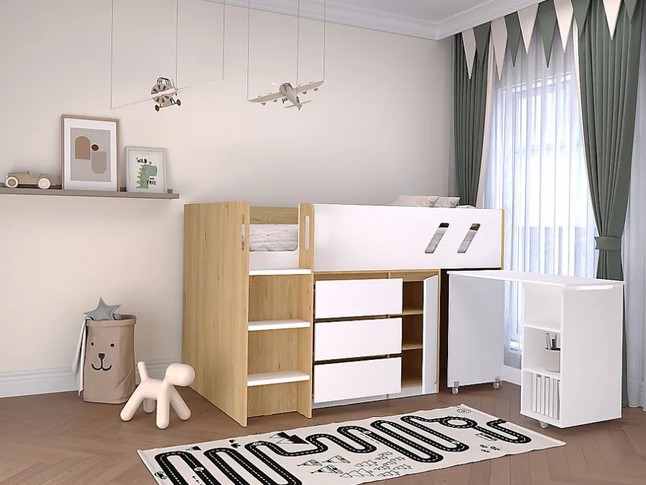 Enfant Vente-unique Lit combiné 90 x 190 cm avec bureau et rangements - Coloris : Naturel et blanc + Matelas - SAGITI