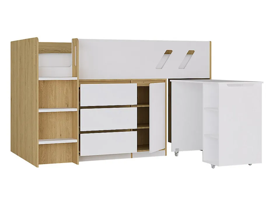 Enfant Vente-unique Lit combiné 90 x 190 cm avec bureau et rangements - Coloris : Naturel et blanc + Matelas - SAGITI