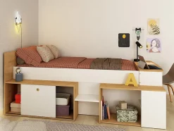 Enfant Vente-unique Lit combiné 90 x 200 cm avec bureau et rangements - Blanc et naturel - PALOMA