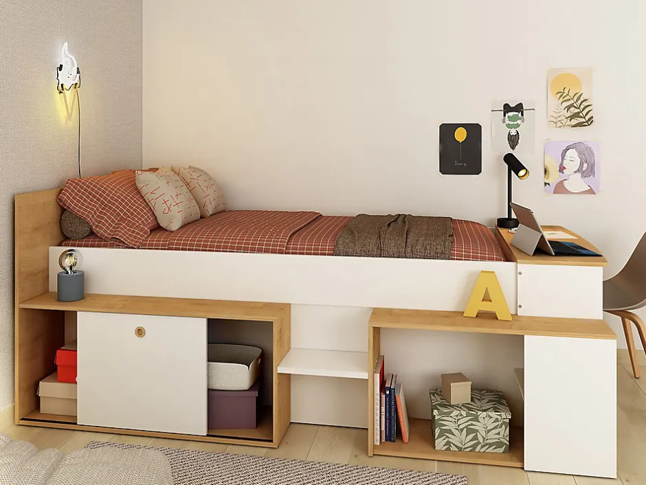 Enfant Vente-unique Lit combiné 90 x 200 cm avec bureau et rangements - Blanc et naturel - PALOMA