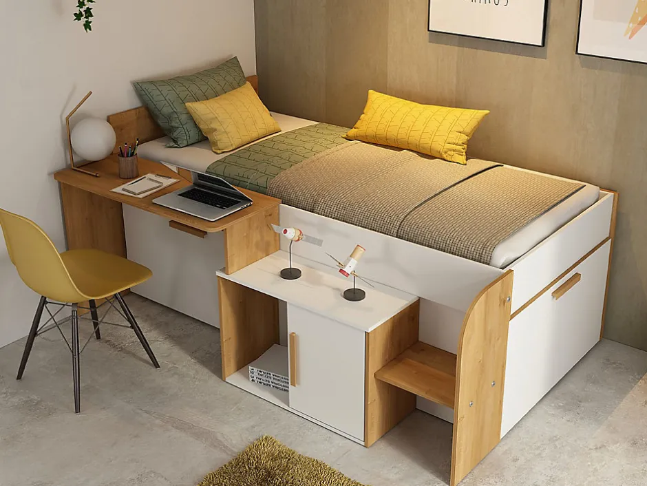 Enfant Vente-unique Lit combiné 90 x 200 cm avec bureau et rangements - Coloris : Blanc et naturel - PEDRO