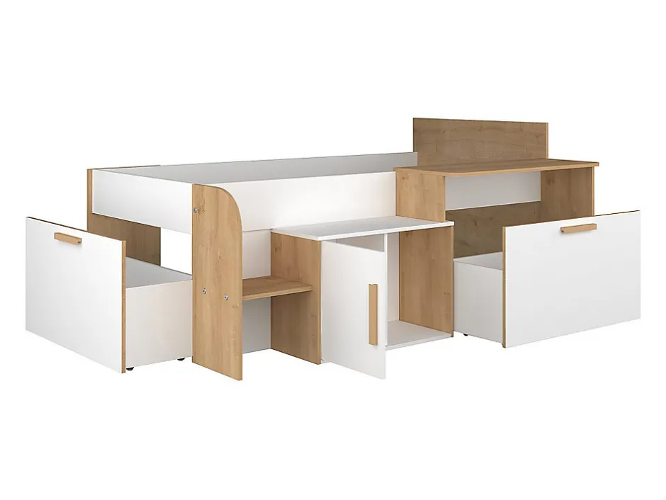 Enfant Vente-unique Lit combiné 90 x 200 cm avec bureau et rangements - Coloris : Blanc et naturel - PEDRO